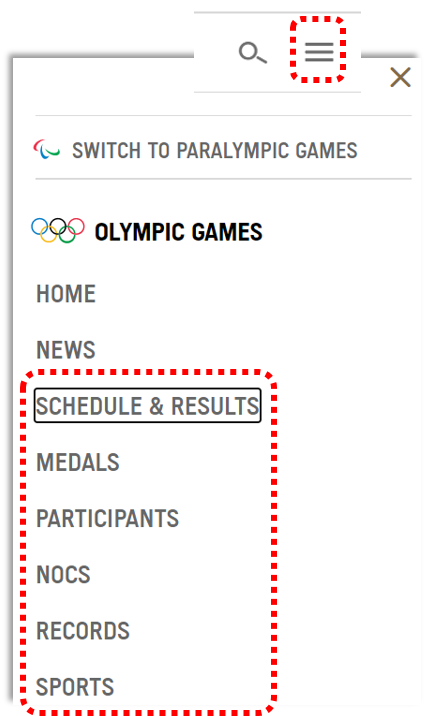 Screenshot of a pull-down menu at the top of a page