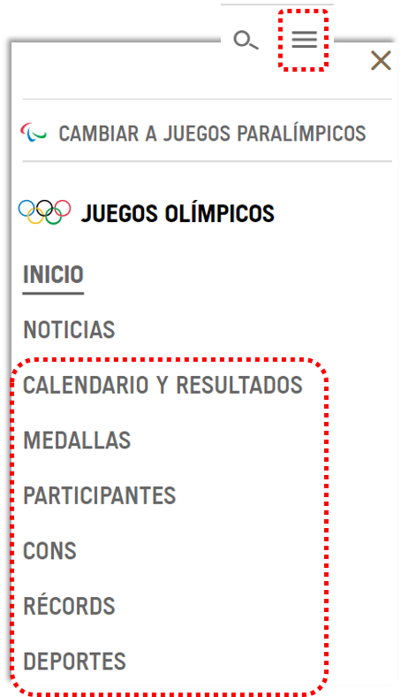 Pantallazo de un menú desplegable en la parte superior de una página