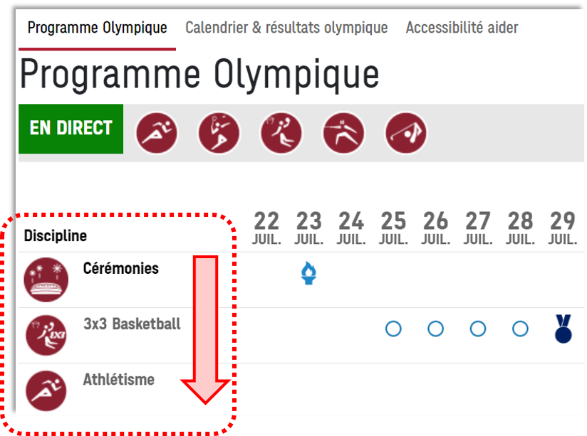 Capture d'écran de la page Calendrier