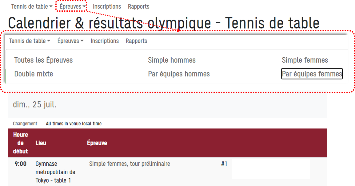 Capture d'écran du menu Épreuves de la page Calendrier et résultats