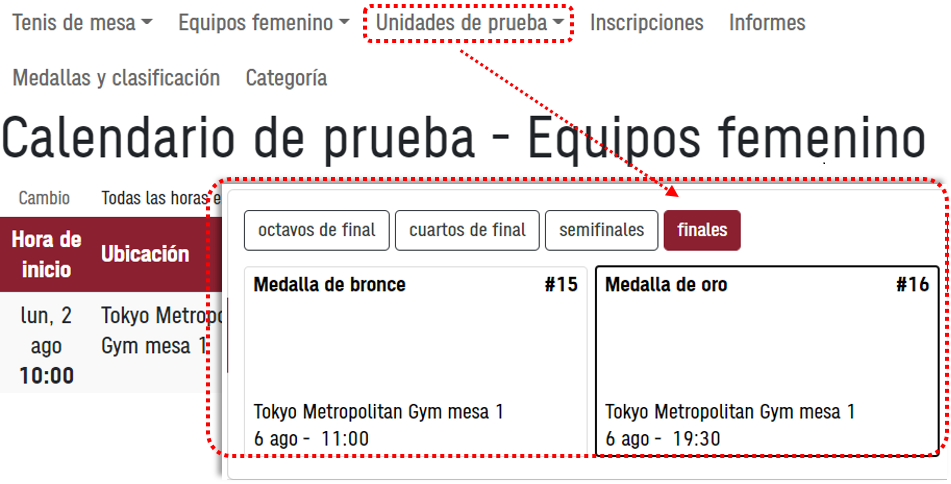 Captura de pantalla del menú Unidades de prueba de la página Programación de las pruebas