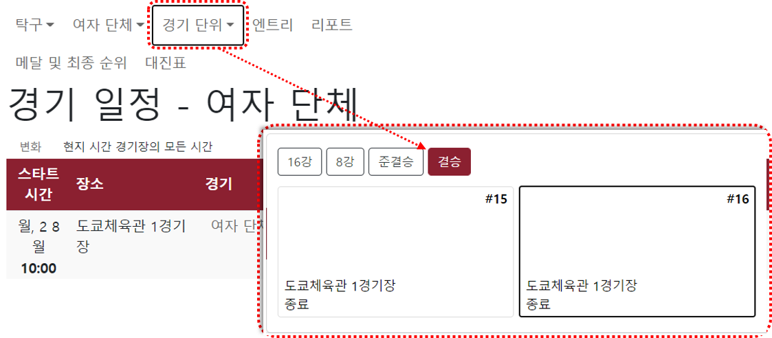 경기 일정 페이지의 경기 단위 메뉴 항목 스크린샷