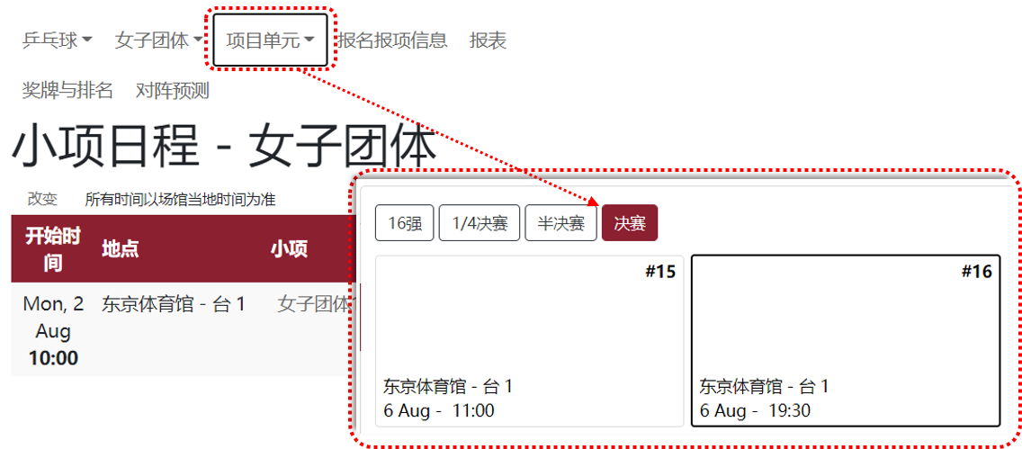 日程和结果页面“赛事单元”菜单项截图