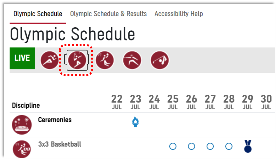 Screenshot of sports icons in live now