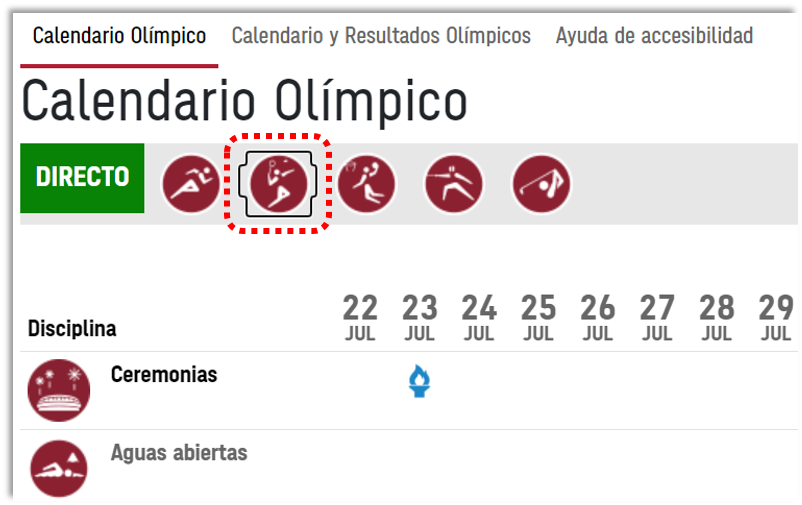 Captura de pantalla de los iconos de deporte en el apartado En vivo