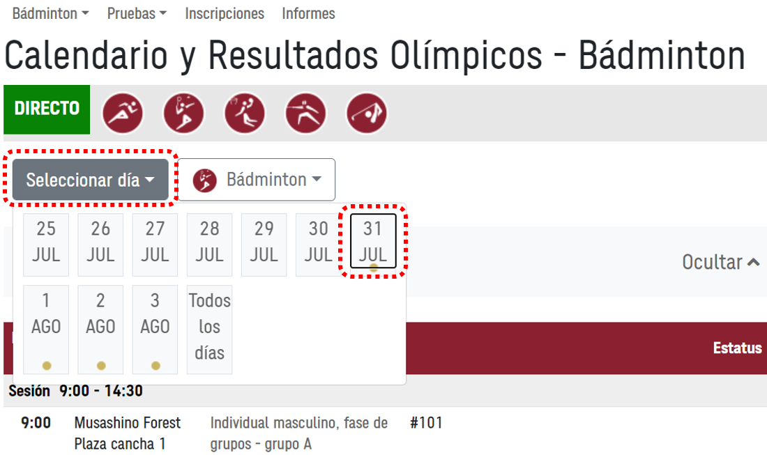 Captura de pantalla del menú Seleccionar día de la página Programación y resultados