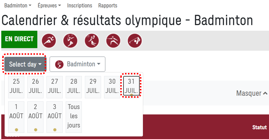 Capture d'écran du menu Choisir une date de la page Calendrier et résultats