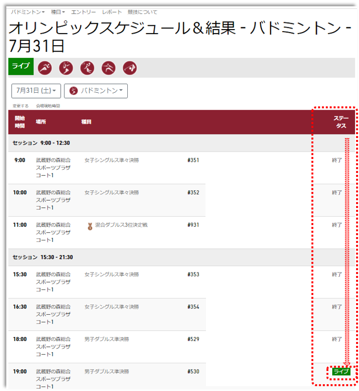スケジュール結果ページのスケジュールテーブルのステータスでライブを選択するスクリーンショット画像