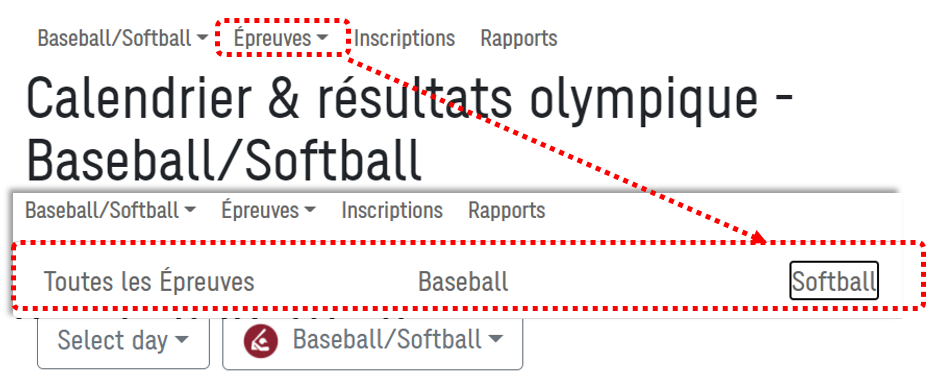Capture d'écran du menu Épreuves de la page Calendrier et résultats