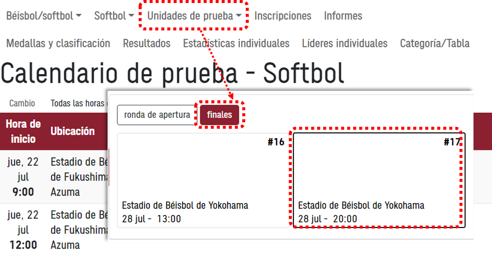 Captura de pantalla del menú Unidades de prueba de la página Programación de las pruebas