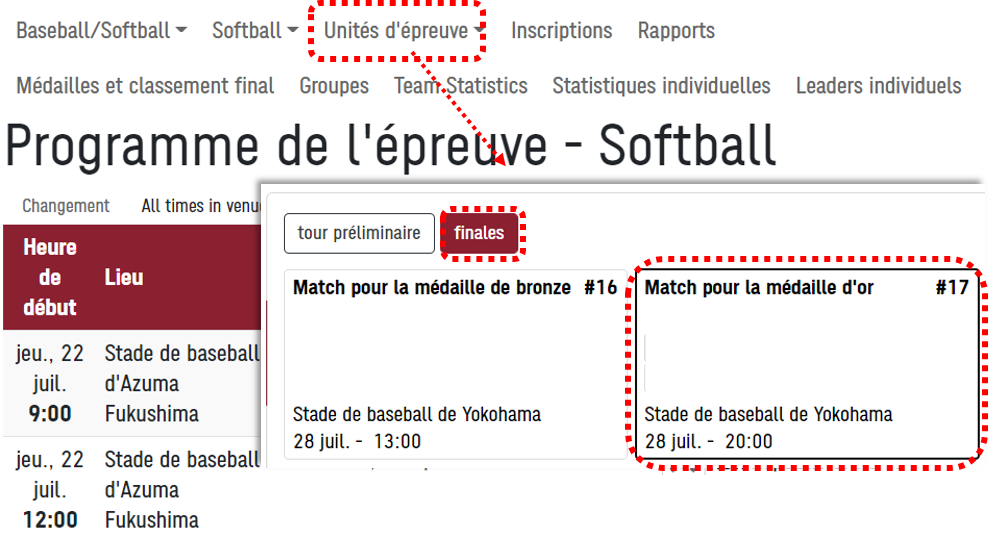 Capture d'écran du menu Unités d'épreuve de la page Calendrier des épreuves