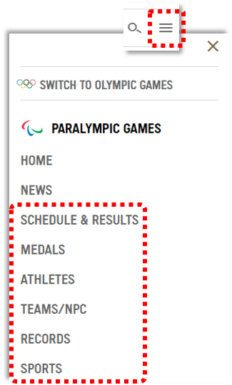 Screenshot of a pull-down menu at the top of a page