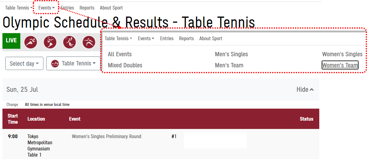 Screenshot of the Events menu item on the Schedule & Results page