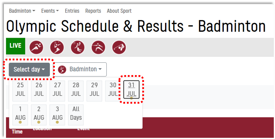Screenshot of Select day menu on the Schedule & Results page
