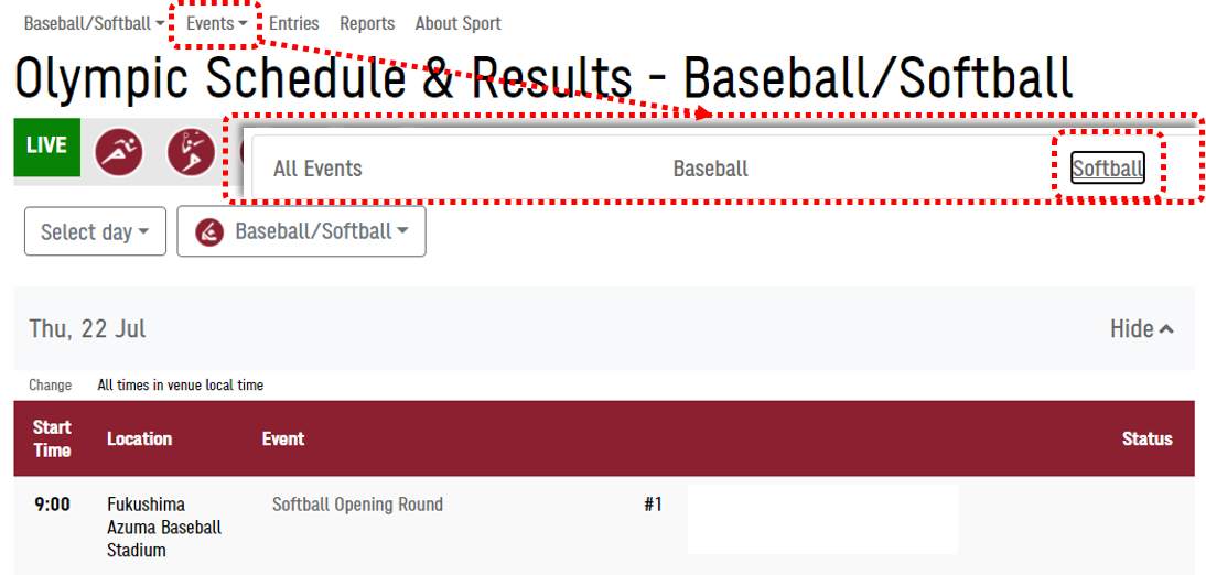 Screenshot of the Events menu item on the Schedule & Results page